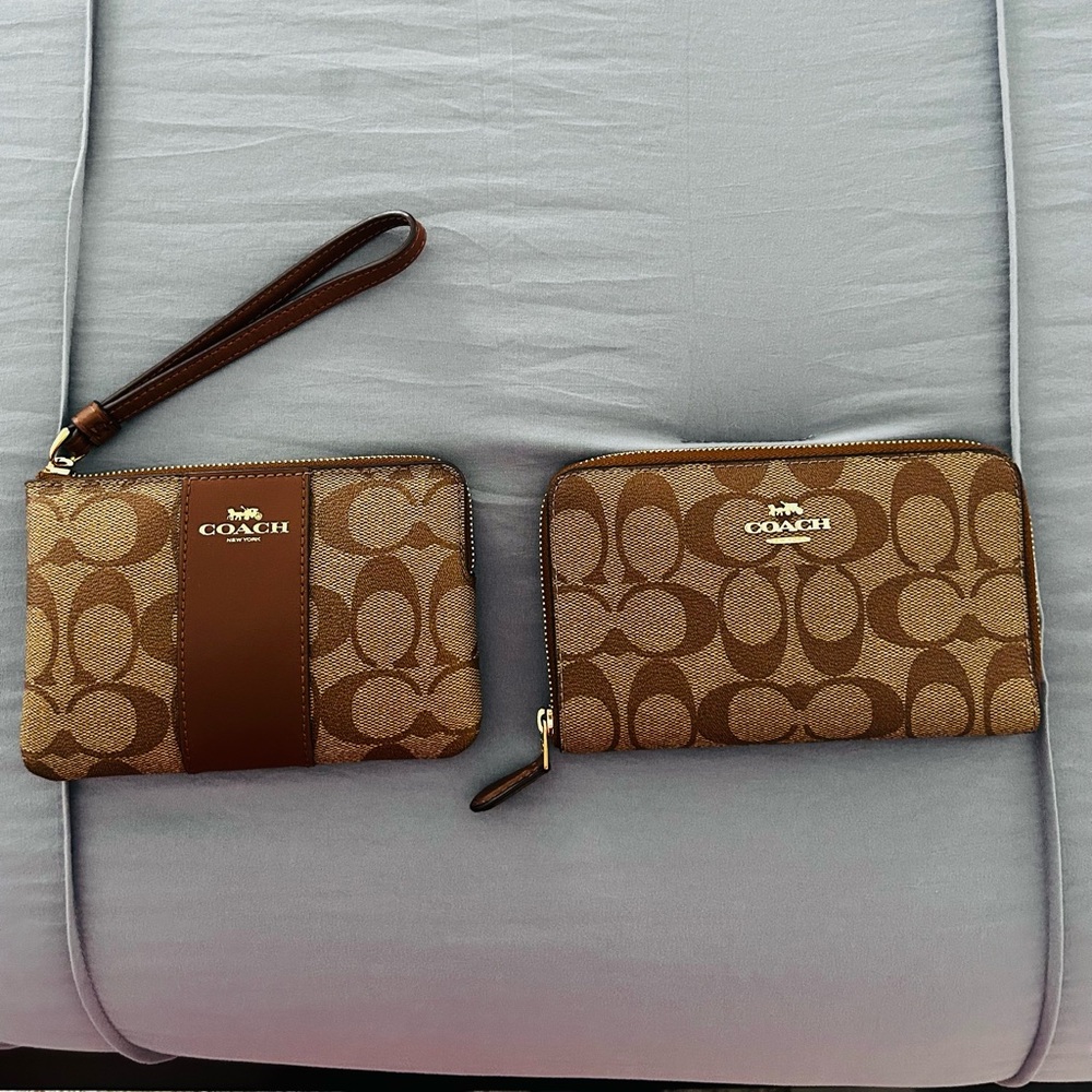 Coach Tan and Brown Signature Wallet and wristlet